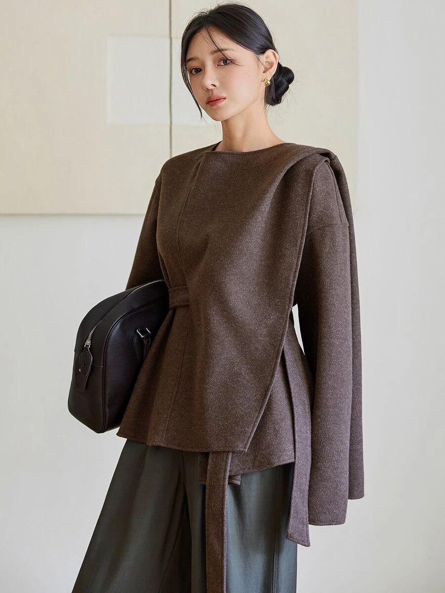 Dazy-Less Women's Winter Coffee Brown Lapel Button Long Sleeve Thick Wool Blend Cinched Waist Mid-Length Coat - Coffee Brown - View 1