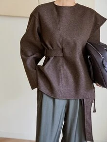 Dazy-Less Women's Winter Coffee Brown Lapel Button Long Sleeve Thick Wool Blend Cinched Waist Mid-Length Coat - Coffee Brown - View 4