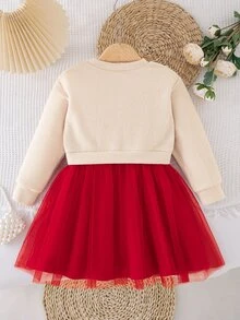 SHEIN Elladie kids 2件/套女童春秋冬新學期聖誕新年米色/杏色/紅色甜美節慶中厚羅紋針織公主裙寬腿 - 彩色 - 查看 2