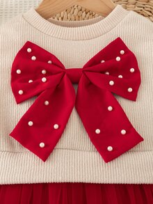 SHEIN Elladie kids 2件/套女童春秋冬新學期聖誕新年米色/杏色/紅色甜美節慶中厚羅紋針織公主裙寬腿 - 彩色 - 查看 5