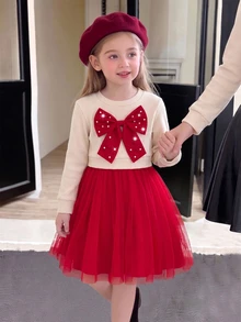 SHEIN Elladie kids 2件/套女童春秋冬新學期聖誕新年米色/杏色/紅色甜美節慶中厚羅紋針織公主裙寬腿 - 彩色 - 查看 3