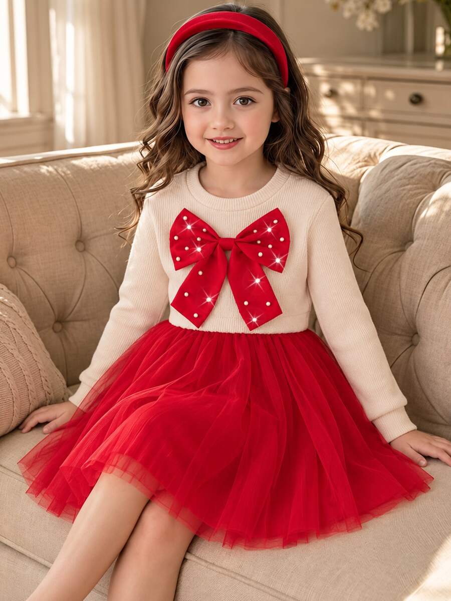 SHEIN Elladie kids 2件/套女童春秋冬新學期聖誕新年米色/杏色/紅色甜美節慶中厚羅紋針織公主裙寬腿 - 彩色 - 查看 1