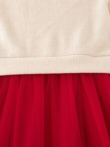 SHEIN Elladie kids 2件/套女童春秋冬新學期聖誕新年米色/杏色/紅色甜美節慶中厚羅紋針織公主裙寬腿 - 彩色 - 查看 7