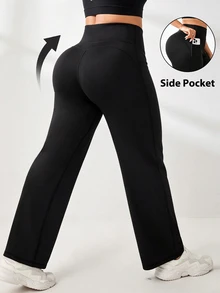 SHEIN Rhythm Era Women's Plus Size Solid Color High Waist Pocket Casual Versatile Daily Travel Long Pants Gym Active Black Summer - Black - View 2