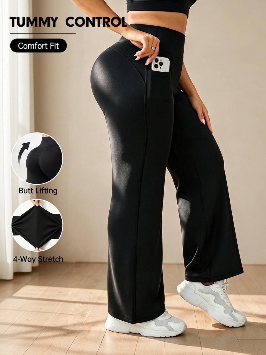 SHEIN Rhythm Era Women's Plus Size Solid Color High Waist Pocket Casual Versatile Daily Travel Long Pants Gym Active Black Summer - Black - View 1