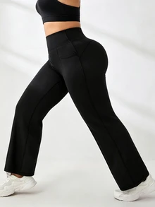 SHEIN Rhythm Era Women's Plus Size Solid Color High Waist Pocket Casual Versatile Daily Travel Long Pants Gym Active Black Summer - Black - View 6