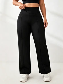 SHEIN Rhythm Era Women's Plus Size Solid Color High Waist Pocket Casual Versatile Daily Travel Long Pants Gym Active Black Summer - Black - View 5