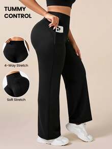 SHEIN Rhythm Era Women's Plus Size Solid Color High Waist Pocket Casual Versatile Daily Travel Long Pants Gym Active Black Summer - Black - View 7