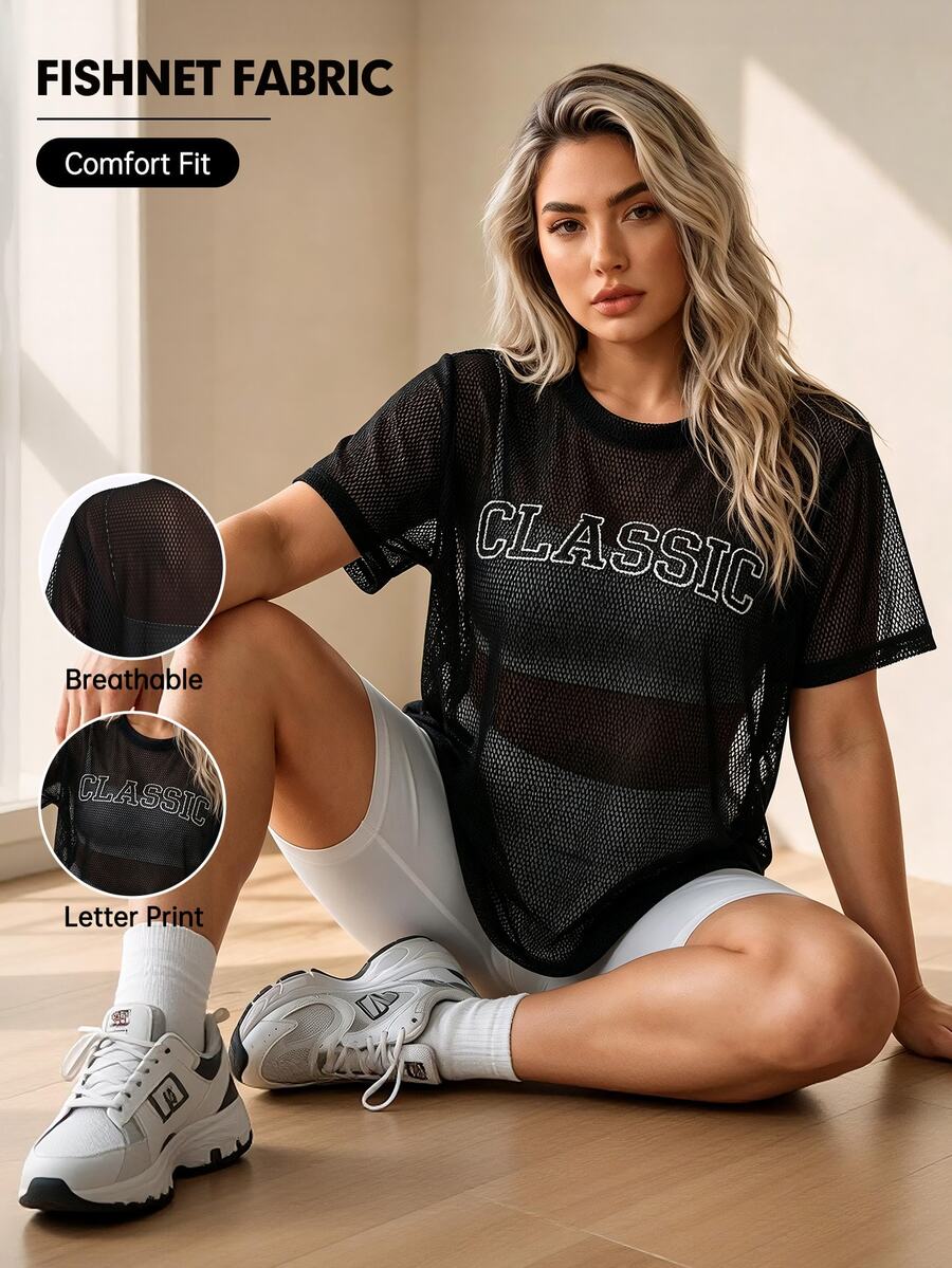 SHEIN Rhythm Era Plus Size Letter Print Hollow Fishnet Sports T-Shirt - Multicolor - View 1