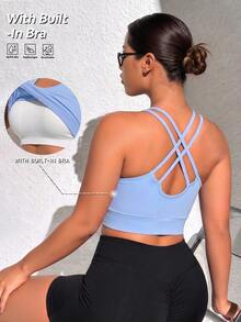 SHEIN Unity Blue Plus Size Sports Tank Top For Women, Built-In Padding, Criss-Cross Back, Casual Summer Going Out Outfits - Baby Blue - View 2