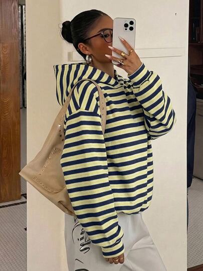 Muchica Women's Casual Loose Hooded Sweatshirt, Striped Sweatshirt, Women's Casual Outfit, Women's Autumn/Winter Clothing, Autumn Clothing, Suitable For Daily Commute, Gathering, Summer, Christmas, New Year, Thanksgiving, Party, Wedding, Beach, Outing, Date, Valentine's Day, Elegant, Vacation, Y2K
