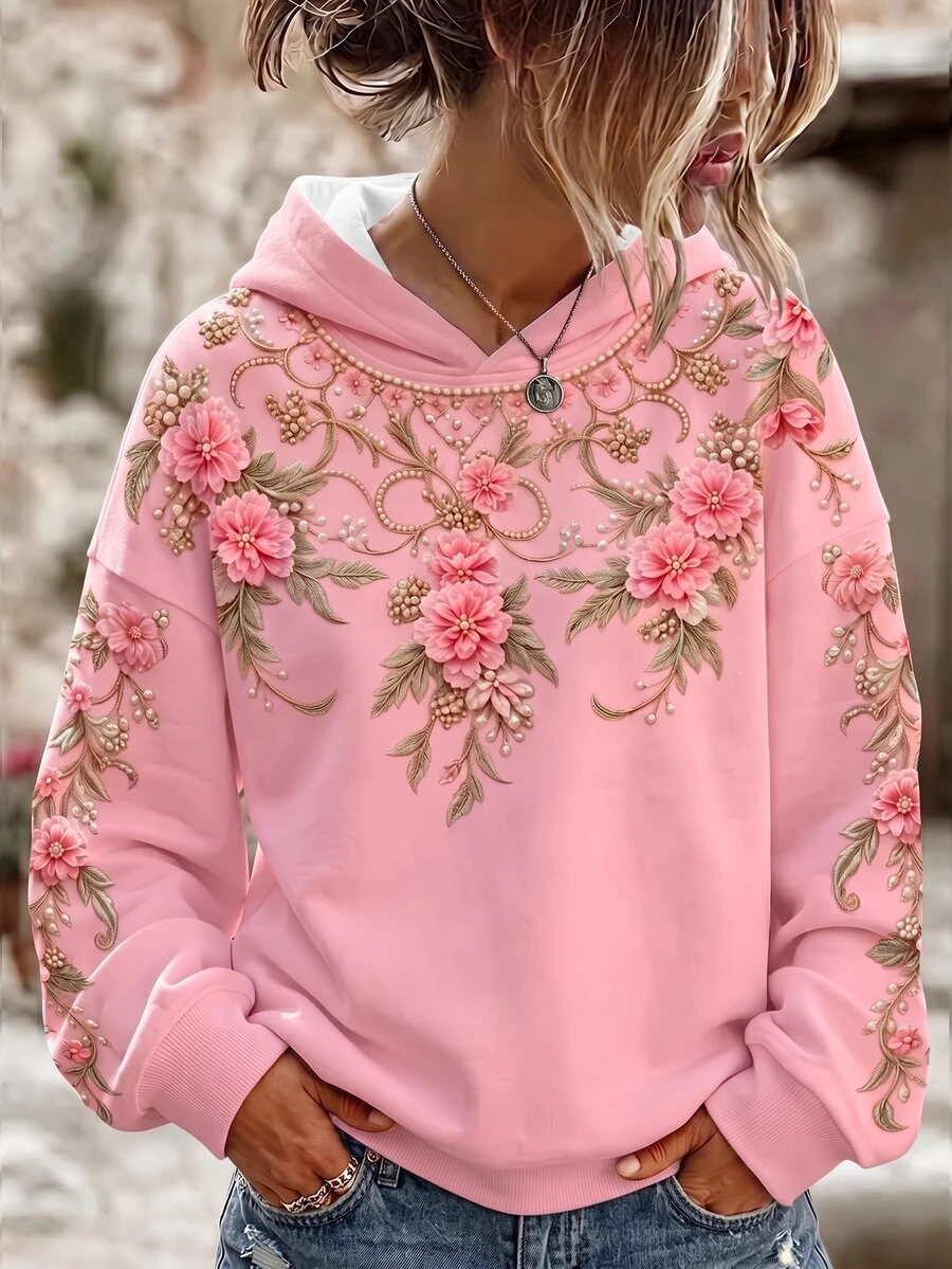 Breezaya Lady's French-Style Light Pink Printed Casual Hooded Sweatshirt Fall - Multicolor - View 1