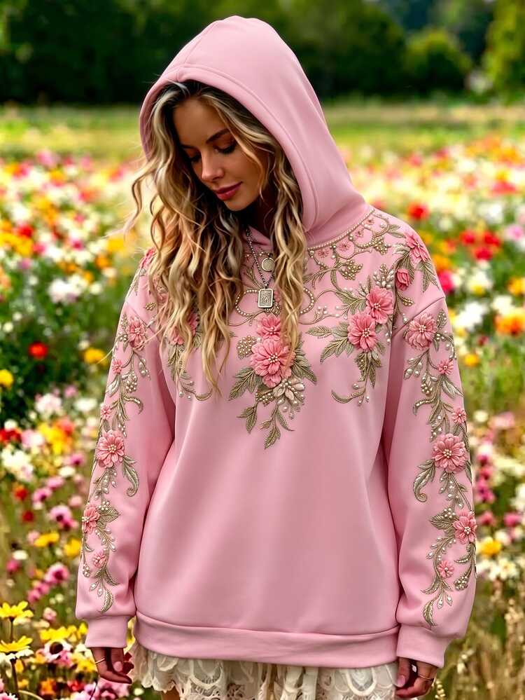 Breezaya Lady's French-Style Light Pink Printed Casual Hooded Sweatshirt Fall - Multicolor - View 3