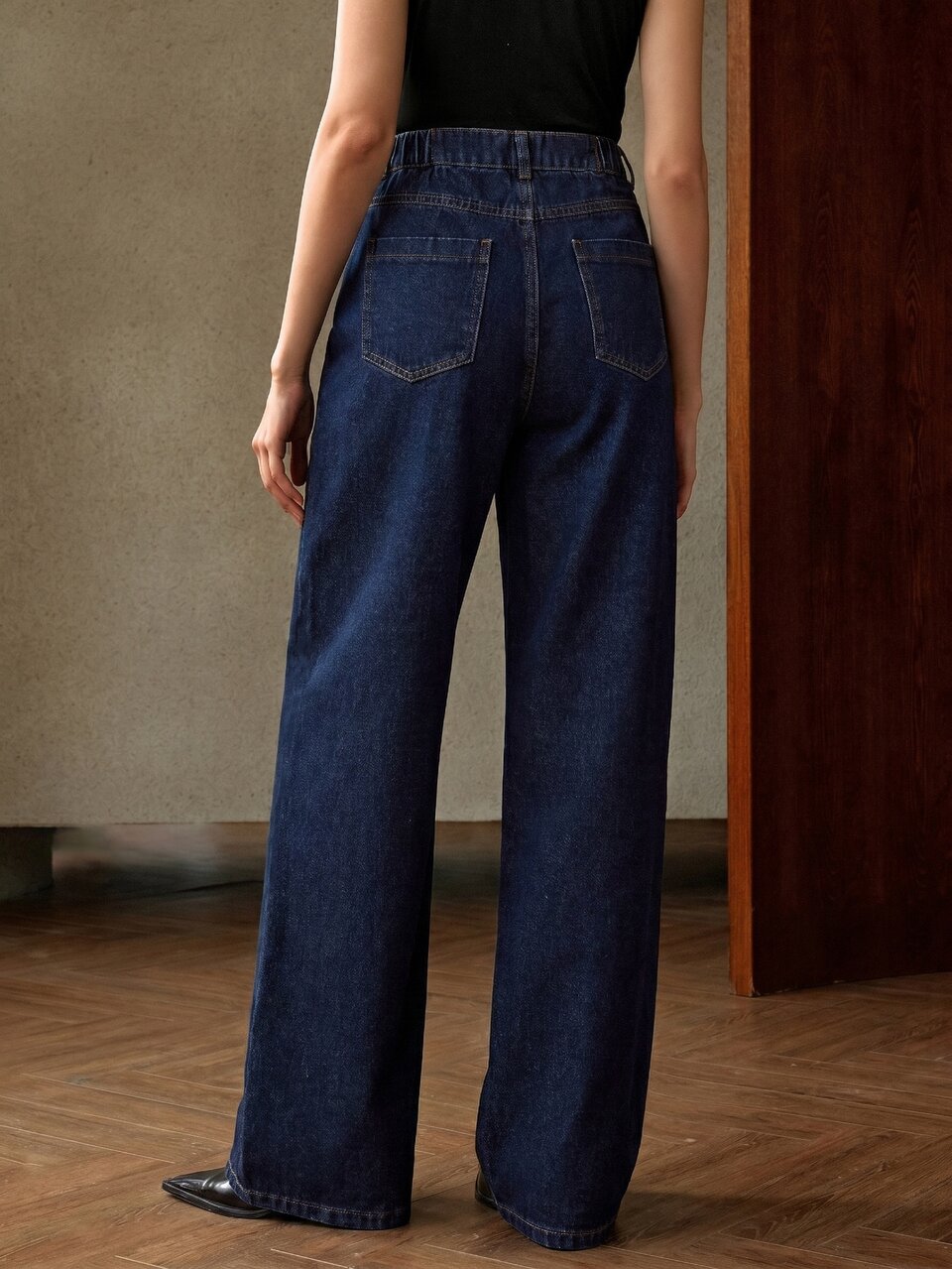 Anewsta Flattering High Rise Wide Leg Womens Jeans In Dark Denim
