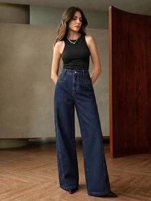 Anewsta Fashionable Modern All-Season Wear Dark Blue Commuter Versatile Color-Block Design Holiday Women's Jeans - Dark Wash - View 9