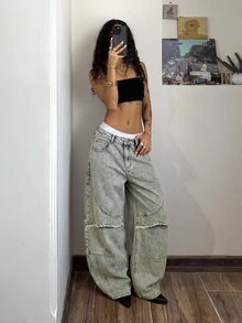 StreetHx 休閒 2000s Y2K 街頭風 Grunge 歐美街頭風復古解構低腰牛仔彎腿褲 外出夜生活淺藍色夏季 - 淺色水洗藍 - 查看 5
