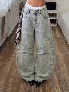 StreetHx 休閒 2000s Y2K 街頭風 Grunge 歐美街頭風復古解構低腰牛仔彎腿褲 外出夜生活淺藍色夏季 - 淺色水洗藍 - 查看 6