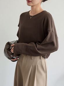 Dazy-Less Women's Solid Color Round Neck Casual Versatile Daily Wear T-Shirt Autumn Brunch Dark Brown - Coffee Brown - View 2