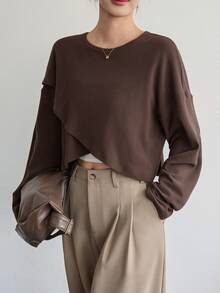 Dazy-Less Women's Solid Color Round Neck Casual Versatile Daily Wear T-Shirt Autumn Brunch Dark Brown - Coffee Brown - View 5