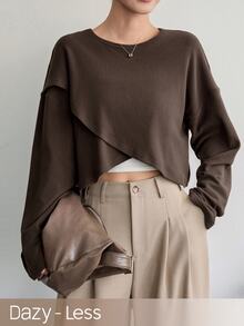 Dazy-Less Women's Solid Color Round Neck Casual Versatile Daily Wear T-Shirt Autumn Brunch Dark Brown - Coffee Brown - View 3