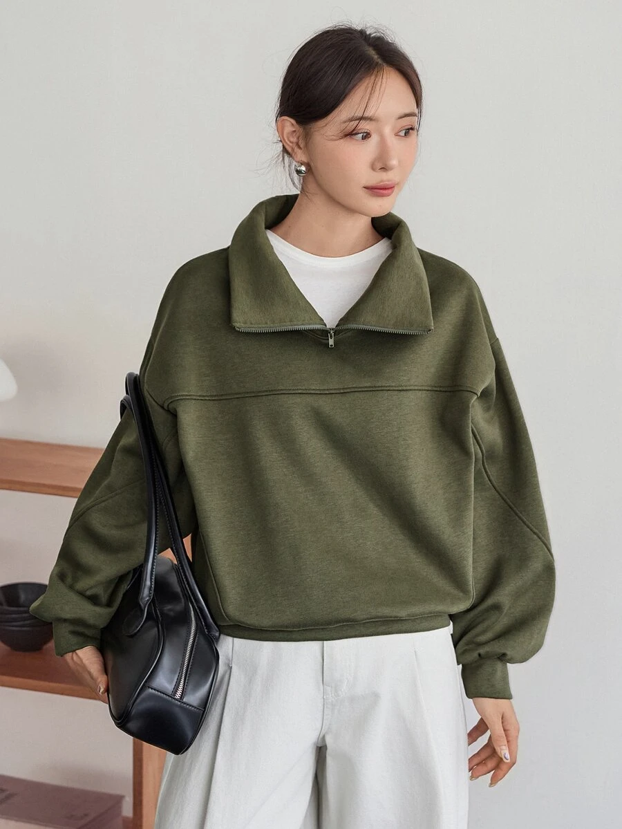 Dazy-Less Women's Solid Color Casual Versatile Daily Long Sleeve Sweatshirt Fall - Dark Green - View 1