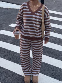 Muchica 復古學院風條紋女款V領長袖運動衫與寬鬆寬腿運動長褲2件套，適合秋冬、休閒通勤、約會、派對、婚禮、海灘、畢業典禮，優雅休閒，Y2K風格，音樂節等多種場合 - 彩色 - 查看 6