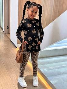 Kids Tween Girls Loose Long Tween Girl Sleeve Side Slit Fitted Winter Leggings 2 Pieces Set With Cartoon Pattern Schoo - White - View 3