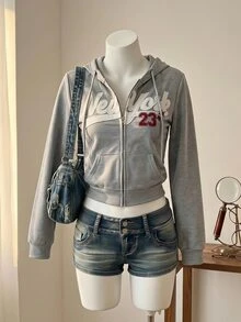 SHEIN MOD Sweatshirt Slim Fit Bermotif Bunga Abu-abu Muda Gaya American Vintage dengan Resleting - Light Grey - View 1