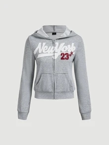SHEIN MOD Sweatshirt Slim Fit Bermotif Bunga Abu-abu Muda Gaya American Vintage dengan Resleting - Light Grey - View 2
