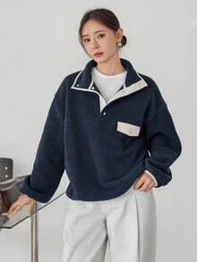 Dazy-Less Women's Colorblock Drop Shoulder Long Sleeve Button Half-Placket Casual Sweatshirt Business Casual Woman Fall Hoodies - Navy Blue - View 5