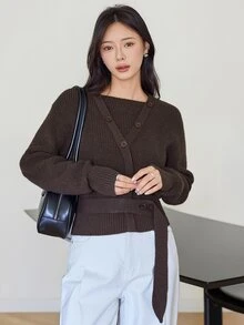 Dazy-Less Women's Vintage French Casual Button Long Sleeve Knit Cardigan Fashion Autumn Business Casual Woman Brunch Office Dark Brown - Grey - View 1
