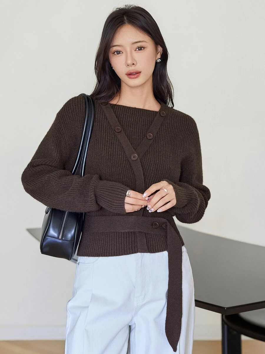 Dazy-Less Women's Vintage French Casual Button Long Sleeve Knit Cardigan Fashion Autumn Business Casual Woman Brunch Office Dark Brown - Grey - View 1