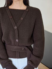 Dazy-Less Women's Vintage French Casual Button Long Sleeve Knit Cardigan Fashion Autumn Business Casual Woman Brunch Office Dark Brown - Grey - View 6