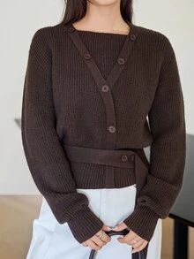 Dazy-Less Women's Vintage French Casual Button Long Sleeve Knit Cardigan Fashion Autumn Business Casual Woman Brunch Office Dark Brown - Grey - View 5