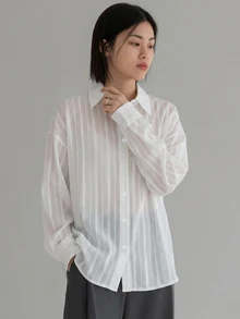 Dazy-Less 秋季休閒簡約百搭純色長袖襯衫 女款商務休閒辦公穿搭 藍白條紋 - 白色 - 查看 5