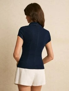 Poéselle 女士时尚百搭翻领优雅镂空开衩牛仔衬衫 - 藍色 - 查看 2