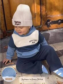 Cozy Pixies Áo nỉ chui đầu trẻ em cho bé trai phong cách thường ngày thoải mái, phối màu patchwork, có mũ, tay dài, dệt kim, mùa thu - Màu xanh lam - Xem 9