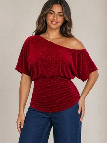 ELLERISSA Plus Size Burgundy Off Shoulder Short Sleeve Studded Velvet Ruched Top - Burgundy - View 3