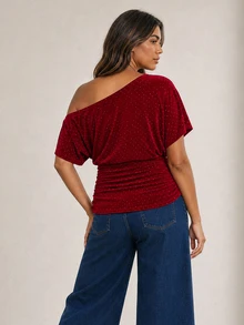 ELLERISSA Plus Size Burgundy Off Shoulder Short Sleeve Studded Velvet Ruched Top - Burgundy - View 2