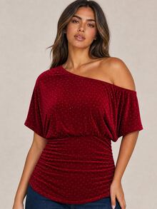 ELLERISSA Plus Size Burgundy Off Shoulder Short Sleeve Studded Velvet Ruched Top - Burgundy - View 1