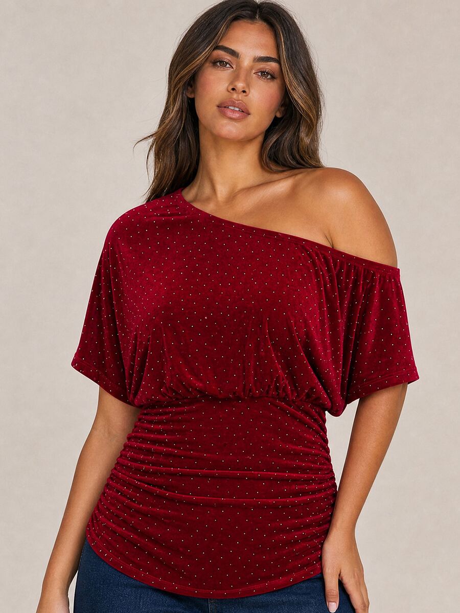 ELLERISSA Plus Size Burgundy Off Shoulder Short Sleeve Studded Velvet Ruched Top - Burgundy - View 1