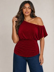 ELLERISSA Plus Size Burgundy Off Shoulder Short Sleeve Studded Velvet Ruched Top - Burgundy - View 6