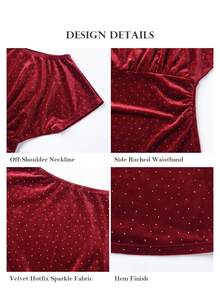 ELLERISSA Plus Size Burgundy Off Shoulder Short Sleeve Studded Velvet Ruched Top - Burgundy - View 7