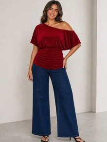 ELLERISSA Plus Size Burgundy Off Shoulder Short Sleeve Studded Velvet Ruched Top - Burgundy - View 4