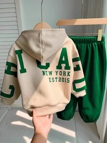 SHEIN Unisex Baby Boy/Girl, Toddler 2pcs Autumn/Winter Thermal Lined Thickened Casual Fashion Back Slogan Graphic Hooded Sweatshirt Set, Baby Winter Clothes, Tracksuit, Christmas - Dark Green - View 5