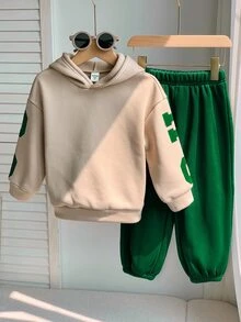 SHEIN Unisex Baby Boy/Girl, Toddler 2pcs Autumn/Winter Thermal Lined Thickened Casual Fashion Back Slogan Graphic Hooded Sweatshirt Set, Baby Winter Clothes, Tracksuit, Christmas - Dark Green - View 2