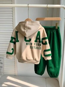SHEIN Unisex Baby Boy/Girl, Toddler 2pcs Autumn/Winter Thermal Lined Thickened Casual Fashion Back Slogan Graphic Hooded Sweatshirt Set, Baby Winter Clothes, Tracksuit, Christmas - Dark Green - View 4
