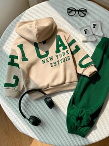SHEIN Unisex Baby Boy/Girl, Toddler 2pcs Autumn/Winter Thermal Lined Thickened Casual Fashion Back Slogan Graphic Hooded Sweatshirt Set, Baby Winter Clothes, Tracksuit, Christmas - Dark Green - View 6