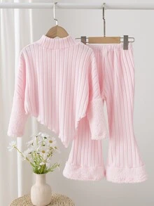 SHEIN Young Girls 2pcs Set Pink Solid Knit Stand Collar Long Sleeve Fitted Ribbed T-Shirt Set, Cute Fall Winter - Pink - View 2