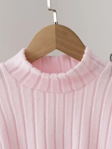 SHEIN Young Girls 2pcs Set Pink Solid Knit Stand Collar Long Sleeve Fitted Ribbed T-Shirt Set, Cute Fall Winter - Pink - View 7